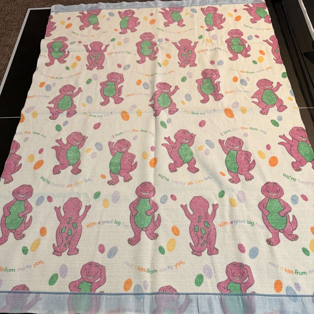 Vintage Barney "I Love You" Fleece Blanket Blue Satin Ruffle Trim 44x59